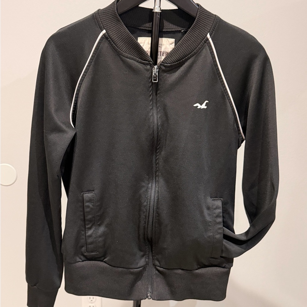 Hollister Black Kids Zip-Front Bomber Jacket with White Piping